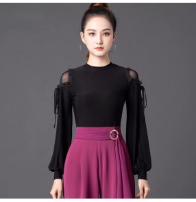 Black lace sleeves latin ballroom dance tops for women girls long lantern sleeves waltz tango foxtrot smooth dance long tops for female